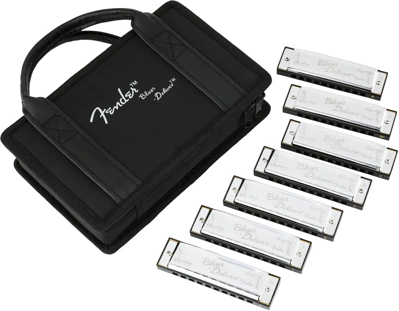 Fender Blues Deluxe Harmonica Set, 7-Pack, Chromed Metal Covers, Classic Bright Tone, Multiple Keys, Includes Case, Nickel