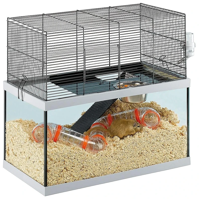 Ferplast Rodent Cage GABRY 60 for Gerbils, Hamsters, in Metal and Glass, Accessories included: Bowl, Drinking bottle, Shelf, Ladder, Pipe set. 60x31,5xh52cm