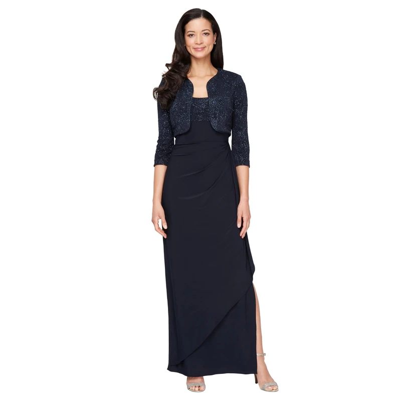 Alex Evenings Women's Long Side Ruched Dress W/Bolero (Petite and Regular Sizes) Special Occasion, Navy, 16
