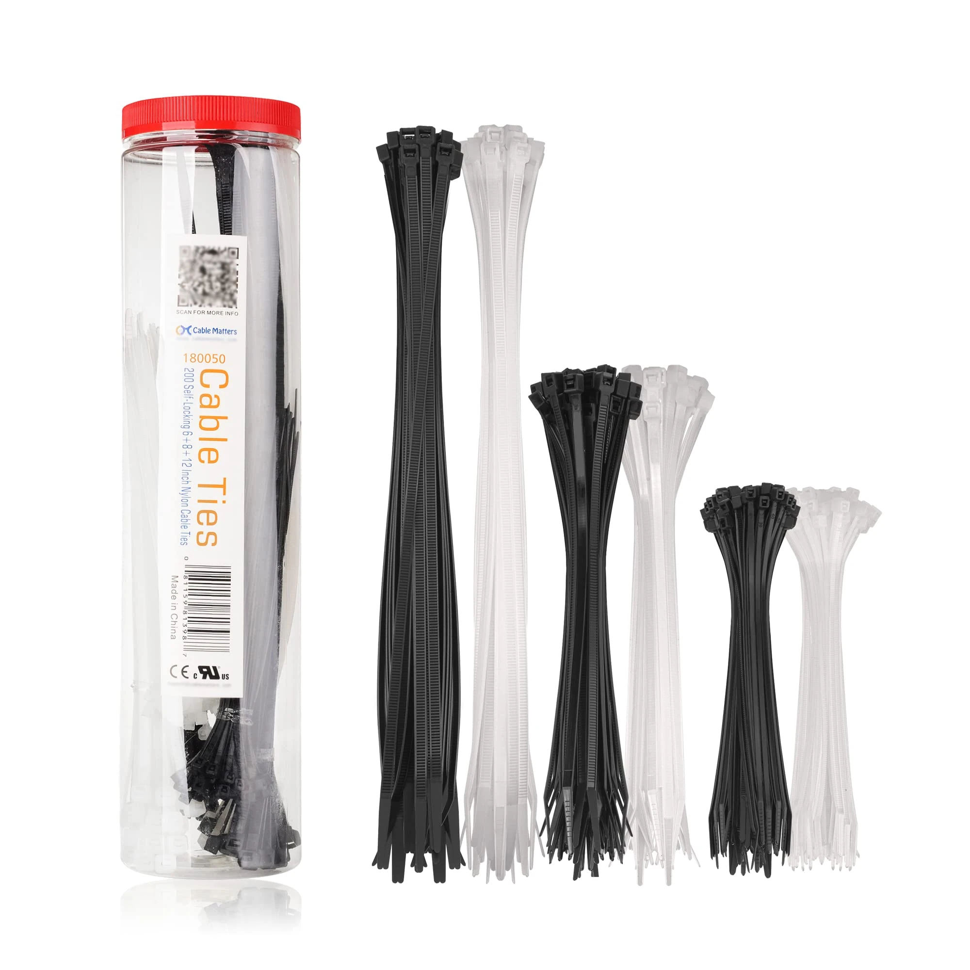 Cable Matters Combo Pack Assorted 200 Self-Locking 15+20+30cm Nylon Cable Ties (Tie Wraps, Zip Ties) in Black and White