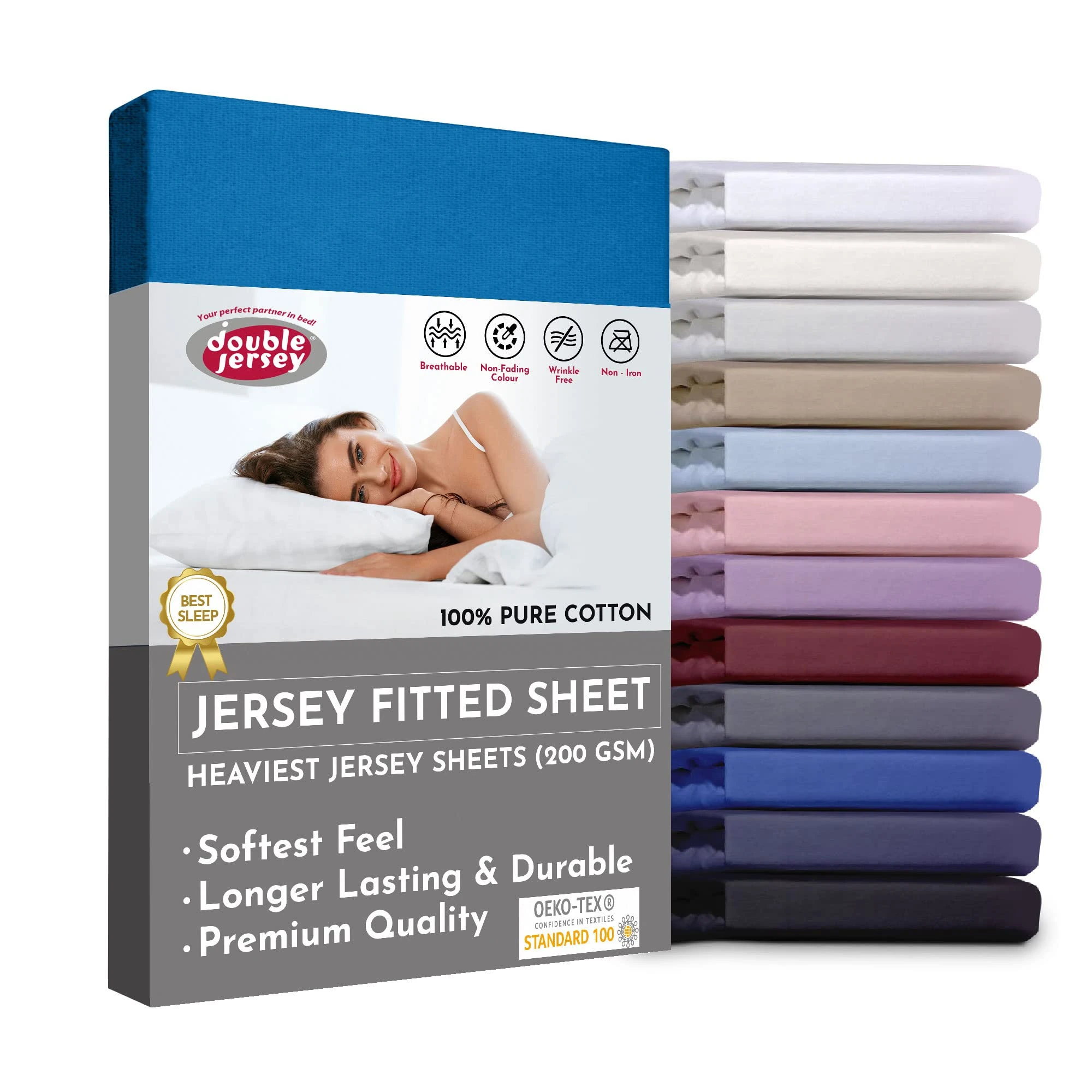 Double Jersey Fitted Sheet 100% Soft Cotton - Double-Knitted High-Fiber Fabric Density, Smooth Non-Iron with All-Around Elastic, Sheets for 32cm Bed Mattress Height - Petrol, 90x200+32