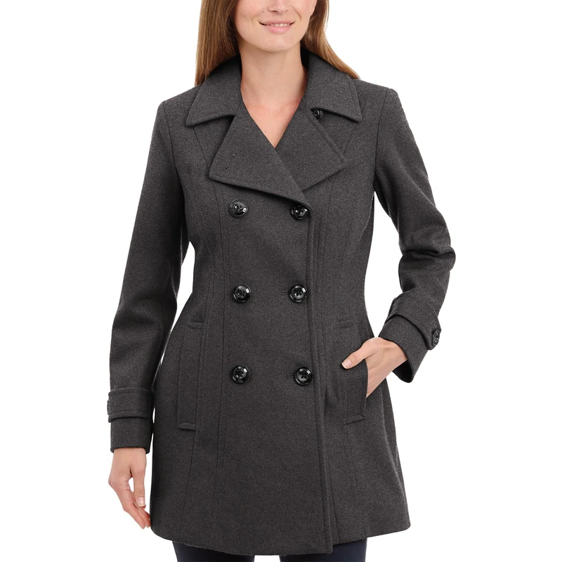 Anne Klein Women's Classic Double-Breasted Coat Pea, Charcoal, XS