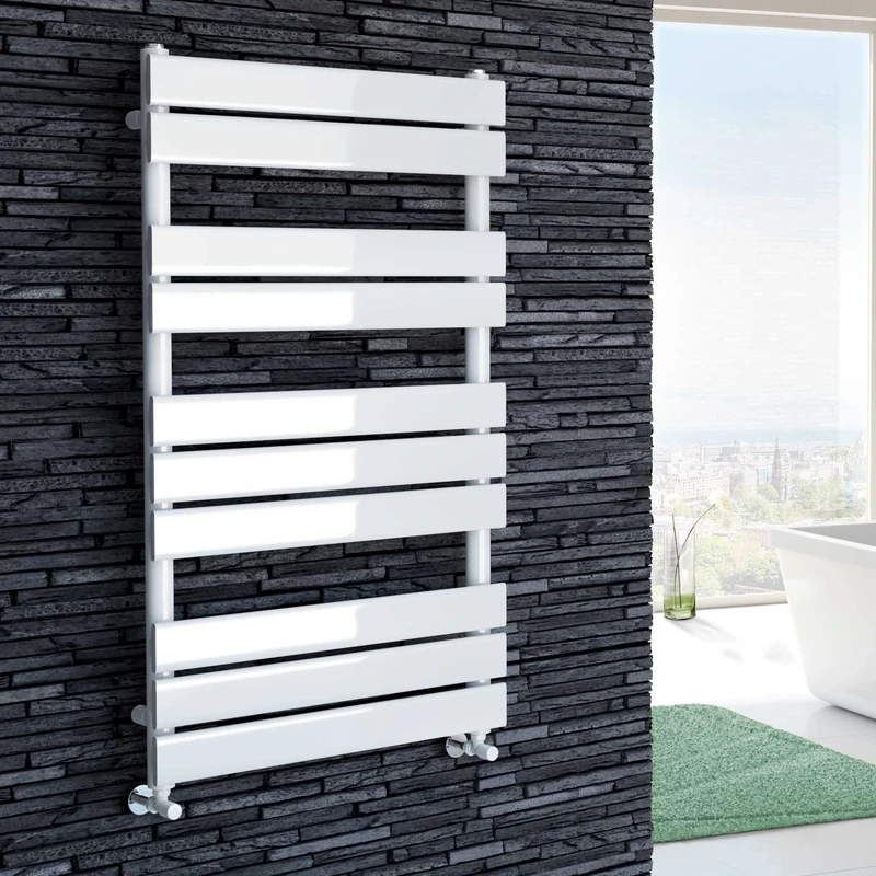 iBathUK Zerith Wall Mounted Flat Panel Heated Towel Rail, 10 Column Slim Flat Steel Hydronic Central Heating High Thermal Output Designer Bathroom Towel Radiator in Matt White, 1000 × 600mm