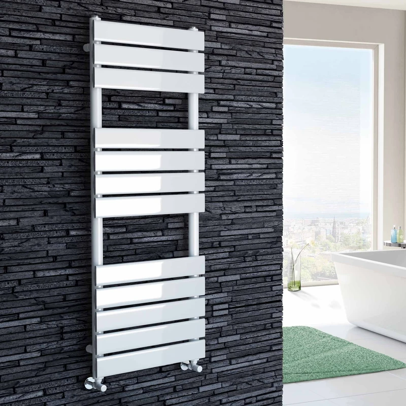 iBathUK Zerith Wall Mounted Flat Panel Heated Towel Rail, 12 Column Slim Flat Steel Hydronic Central Heating High Thermal Output Designer Bathroom Towel Radiator in Matt White, 1200 × 450mm