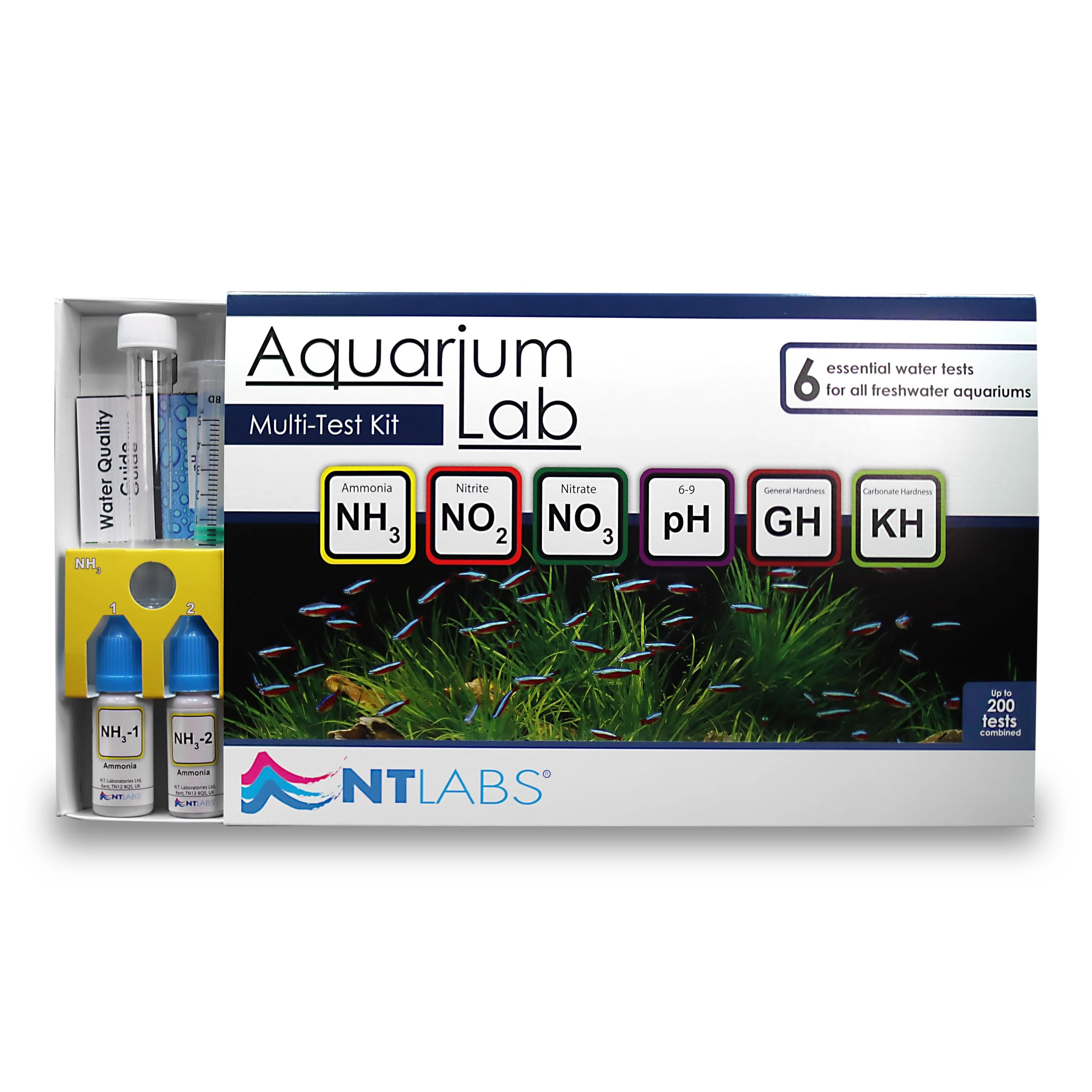 NT Labs Aquarium Lab Multi Test Kit, All-in-one Water Testing Kit, Tests for Ammonia, Nitrite, Nitrate, pH, General Hardness (GH) & Carbonate Hardness (KH), Accurate Results (Up to 200 Tests)