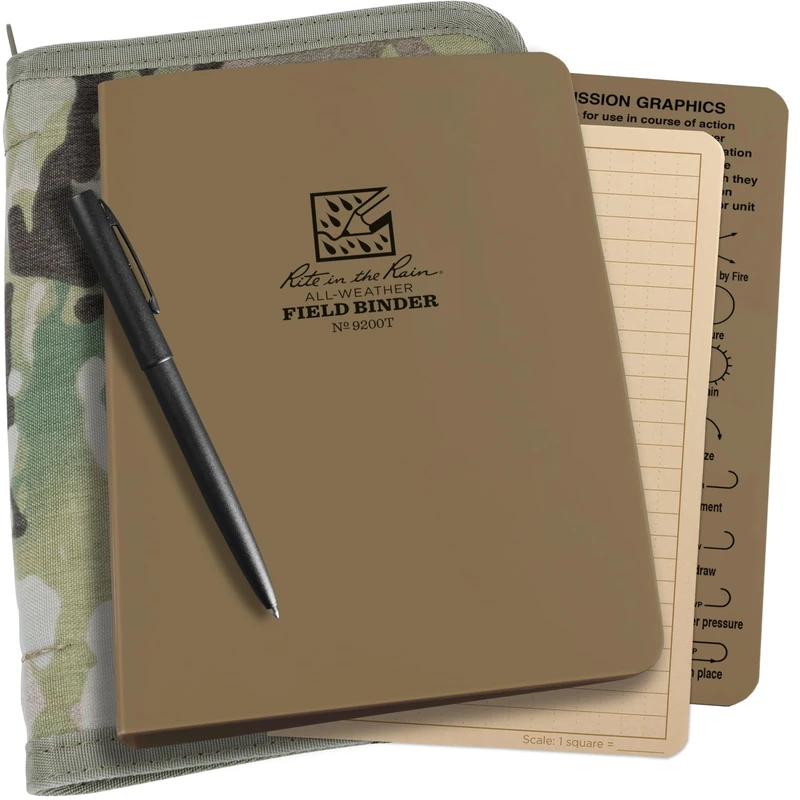 Rite in the Rain Weatherproof Binder Kit: Multicam Cordura® Cover, Tan Binder, 50 Sheets Tan Universal Loose Leaf, Weatherproof Pen (No. 9200M-KIT)