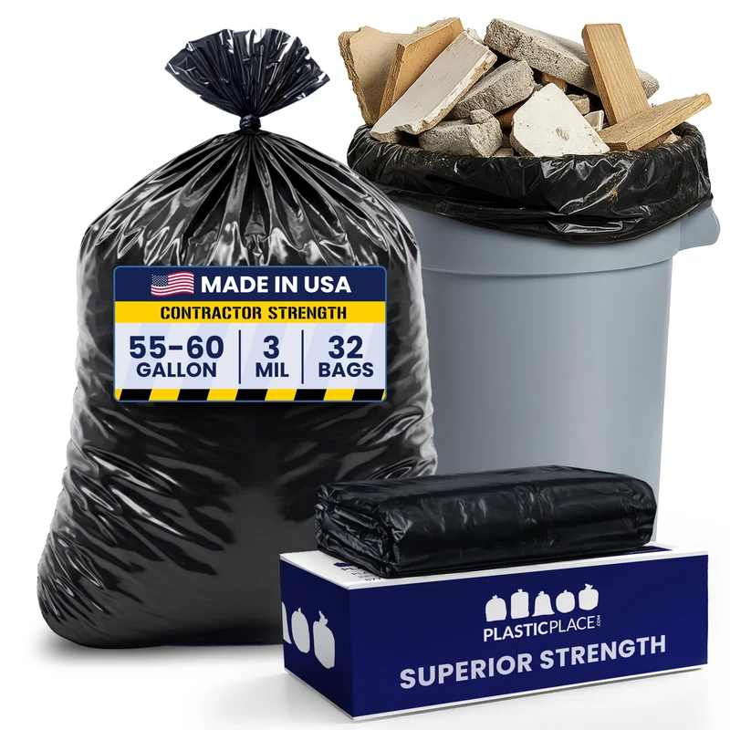 Plasticplace Black Contractor Bags, 55 Gallon, 38x58, 3 Mil, 32/case