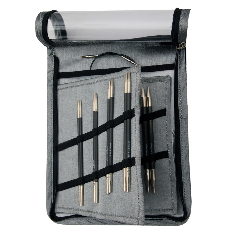 Knit Pro Karbonz Interchangeable Needle Starter Set, Black and Grey fabric Case