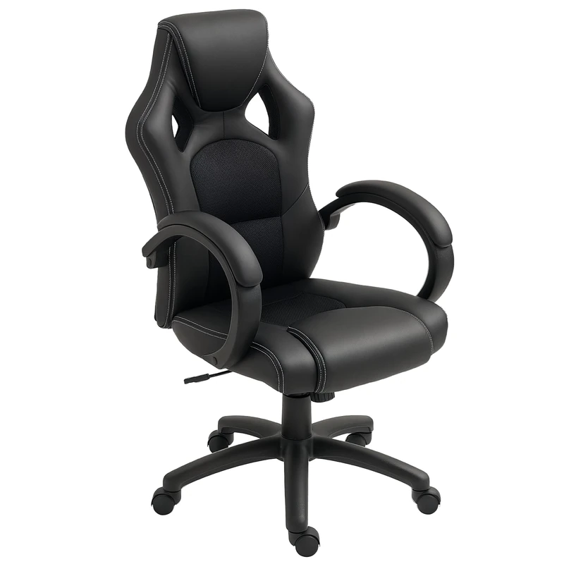 Vinsetto Gaming Chair Faux Leather Swivel Computer Racing Gamer Desk Chair for Home Office with Wheels, Black - Image 1