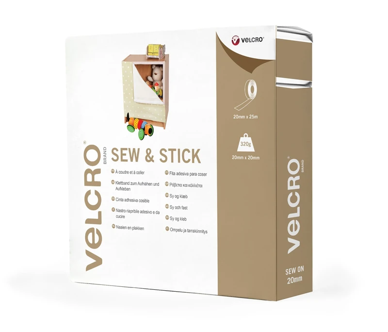 VELCRO® Brand | Sew & Stick Fabric Tape | Cut-to-Length Strong Hook & Loop Self Adhesive Sticky Tape Perfect for Crafting, Clothing Repairs & Hemming | White | 20mm x 25m
