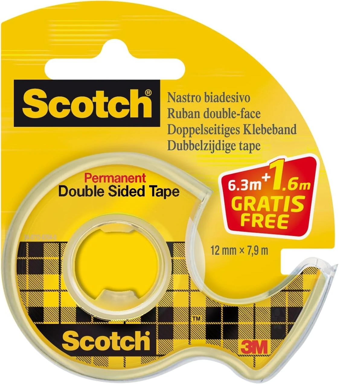 Scotch Double-Sided Tape, 1 Roll on Handheld Dispenser + 25% Extra FREE, 12 mm x 7.88 m - Clear Double Sided Sticky Tape, Strong, Long-Lasting, and Photo-Safe