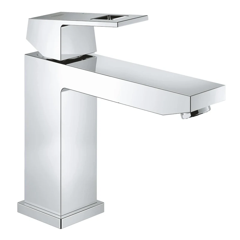 GROHE Eurocube - Bathroom Basin Mixer Tap - Smooth Body - Monobloc Installation - Metal Lever - Medium High Spout - 28 mm Ceramic Cartridge - Water Saving Mousseur 5.7 l/min - Chrome - 23446000