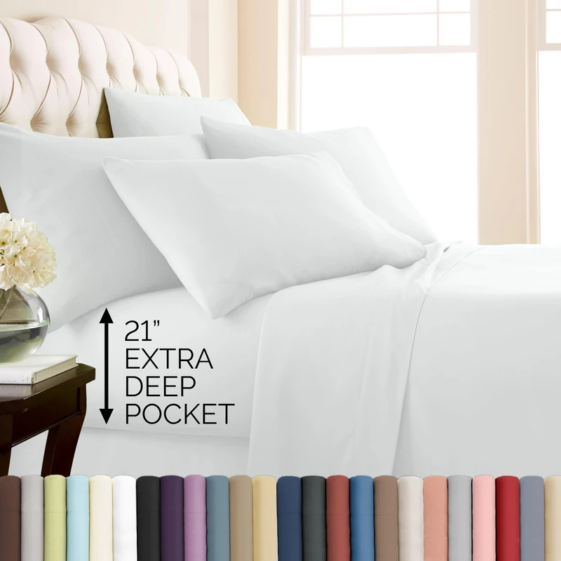 Southshore Fine Living, Inc. 6-Piece White Sheets, Queen Size Set, 21-Inch Deep Pocket Queen Sheets Set with Deep Pocket Fitted Sheet, Oversized Flat Sheet, 4 Standard Pillowcases, White