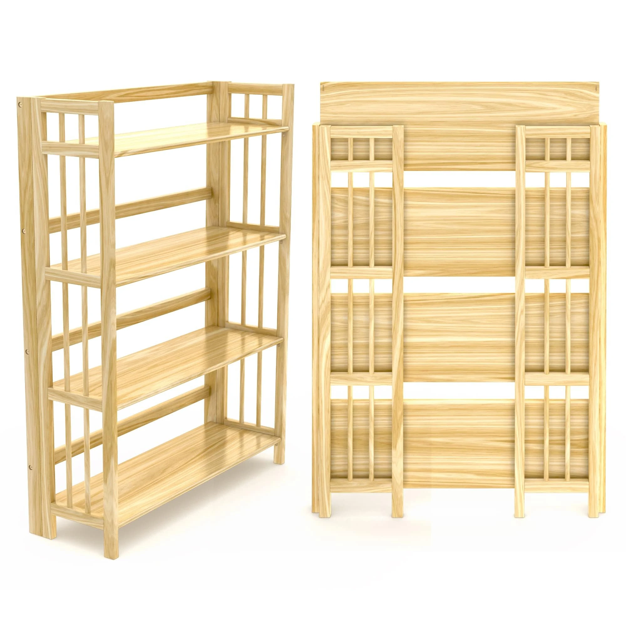 Stony-Edge No Assembly Folding Bookcase, 4 Shelves, Media Cabinet Storage Unit, for Home & Office, Quality Furniture. Natural Wood Color. 32" Wide.