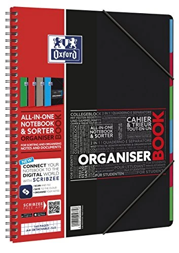 Oxford 400019524 University Organiser Book; A4 + College Notepad Squared 80 Sheets Polypropylene Elasticated, Micro-Perforated, 4x Punched Holes, Assorted Pack of 1 with 4 colours Organiser book kariert 4 assorted colours