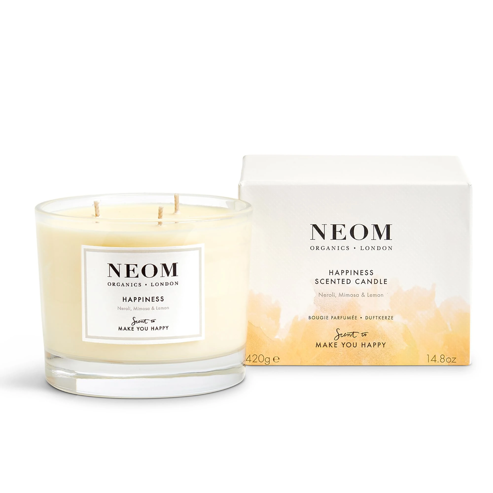 Neom- Happiness Scented Candle, 3 Wick | Essential Oil Aromatherapy Candle | Neroli, Mimosa & Lemon | Scent to Make You Happy,White,420 g (Pack of 1),1101165