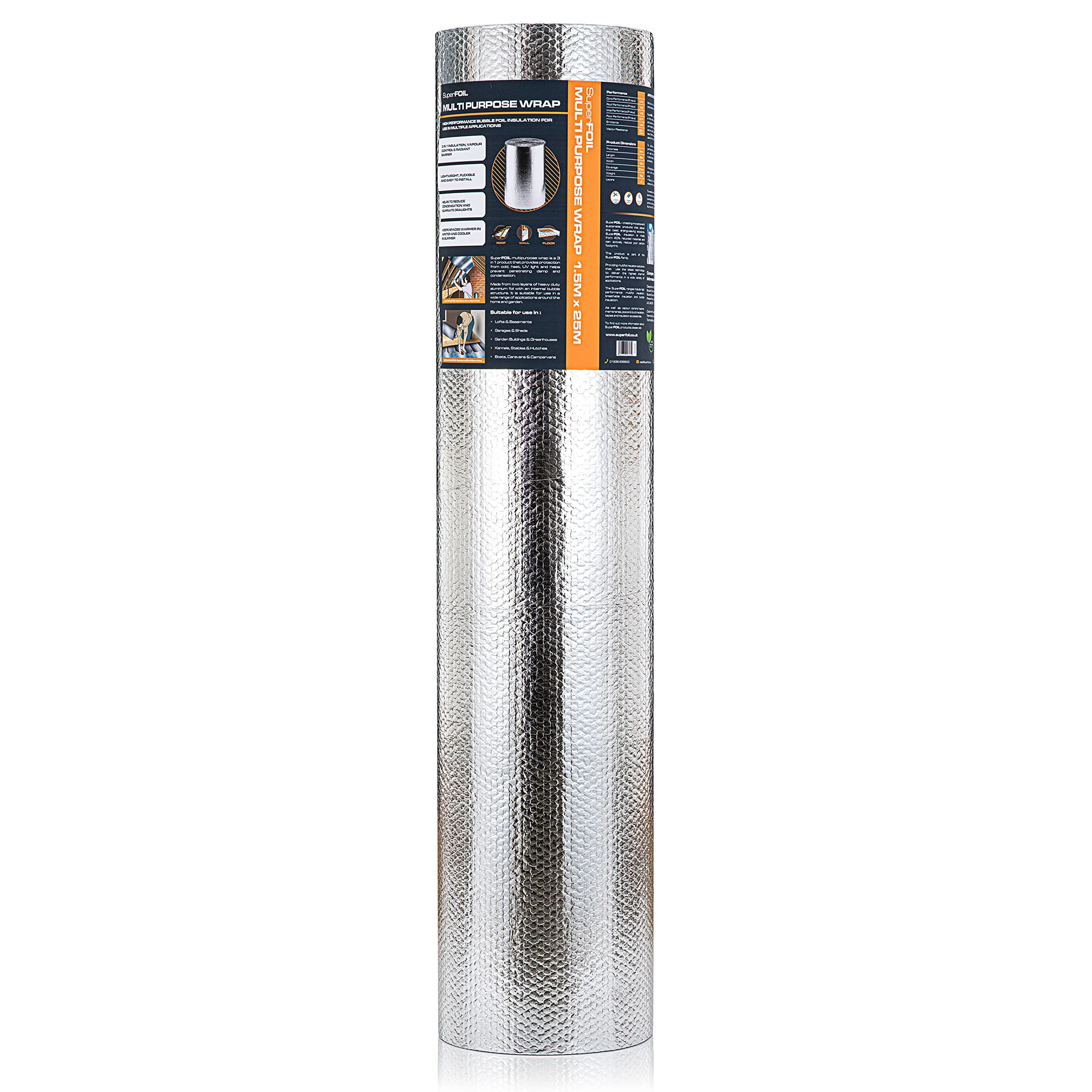 SuperFOIL Foil Insulation Roll - Energy Saving DIY Bubble Foil Sheet - 3-in-1 Sustainable Thermal Insulation Reflective Radiant Barrier & Vapour Barrier (Silver, 1.5m x 25m)