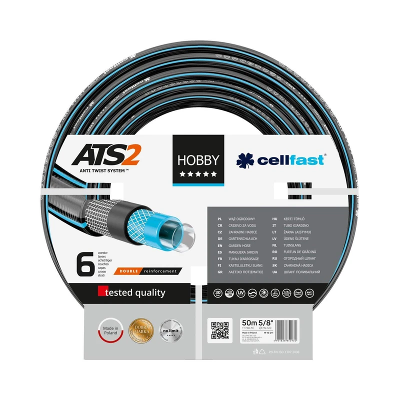 Cellfast Garden Hose HOBBY ATS2™ 3/4" 50 m (164 ft), Flexible 6-layer Hose, Double Braid with Cross and Tricot Fabric, 30 Bar Burst Pressure, 16-211 Black/Blue