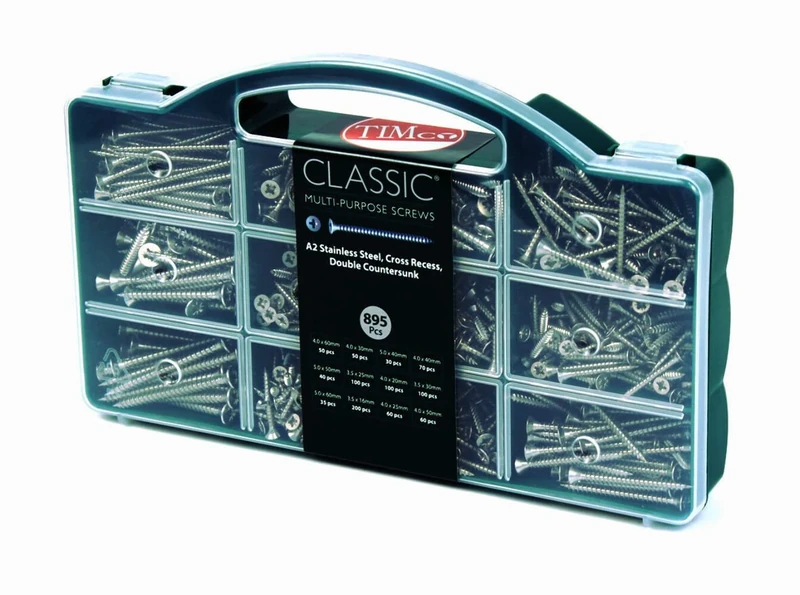 TIMCO Classic Multi-Purpose Screws - Mixed Tray - PZ - Double Countersunk - A2 Stainless Steel - 895pc - Ideal where ultimate corrosion resistance is required when fixing to Wood substrates