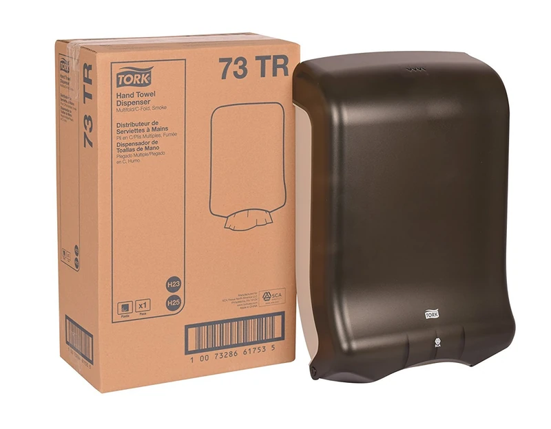 Tork 73TR Multifold and C-Fold Hand Towel Dispenser, Plastic, 18" Height x 11.75" Width x 6.25" Depth, Smoke (Case of 1 Dispenser) For use with Tork CB530, MB550A and MK520A