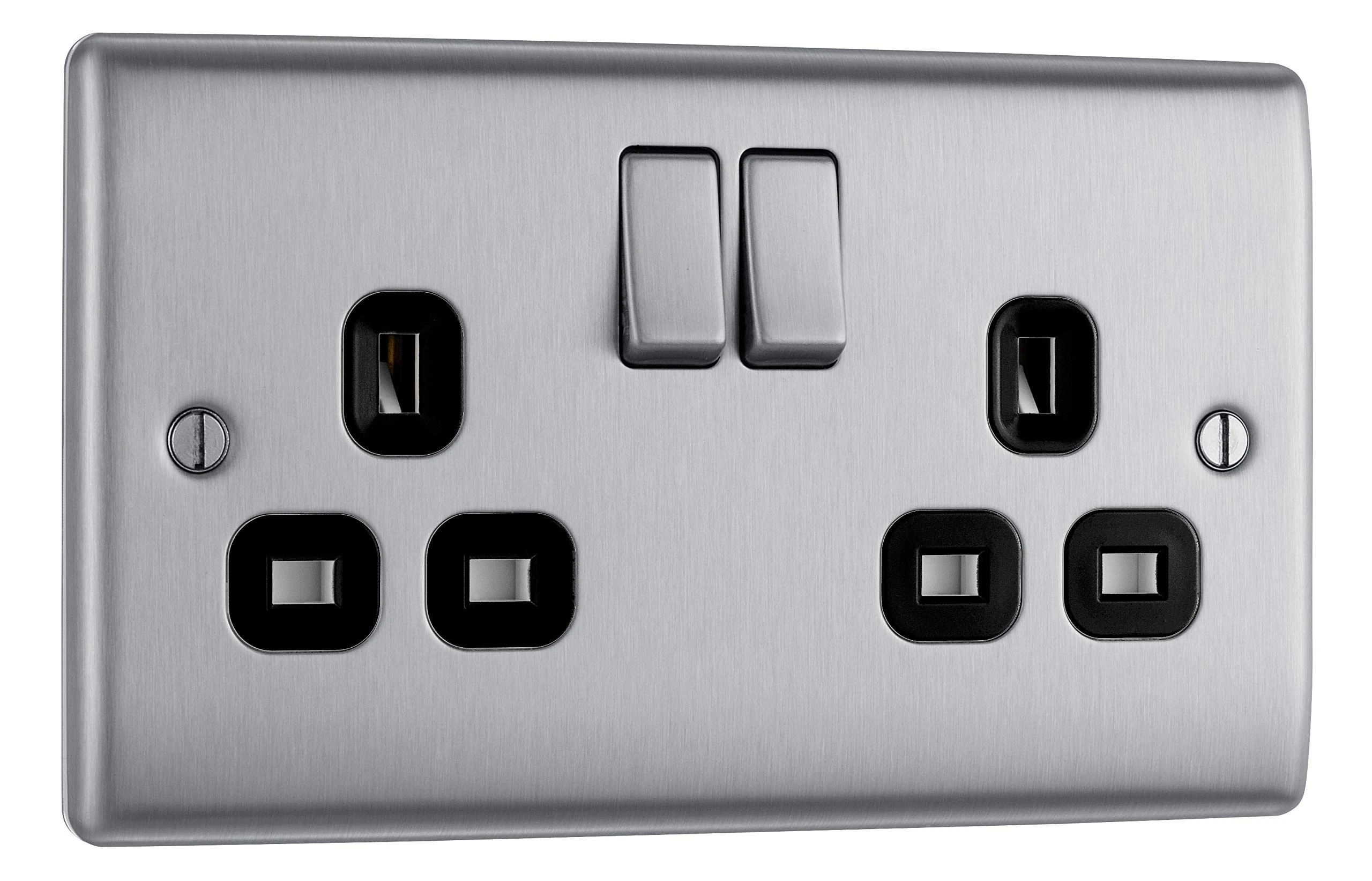 BG Electrical Double Switched Power Plug Wall Socket, Nexus Metal, Brushed Steel, Black Inserts, 13A, NBS22B