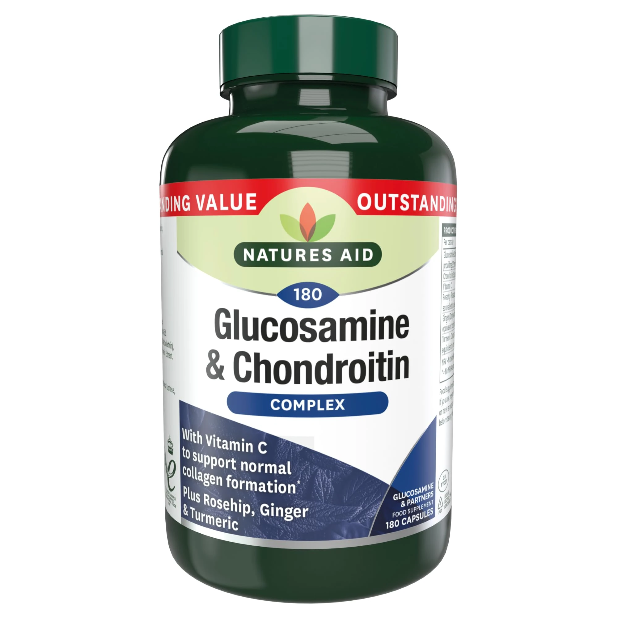 Natures Aid Glucosamine & Chondroitin Complex - Rosehip Ginger Turmeric Vitamin C Supplement - Joint Support Mobility, Flexibility & Cartilage Health - Non-GMO, Gluten-Free - 180 Capsules