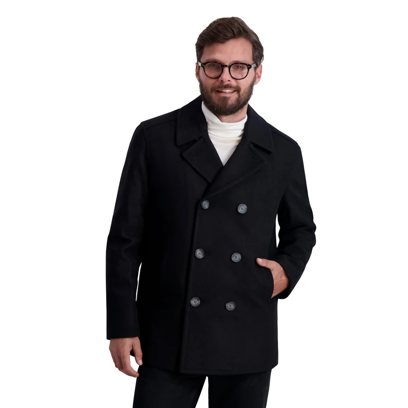 Nautica Men's Peacoat Wool Blend Double Breasted Winter Coat Pea, Black, M