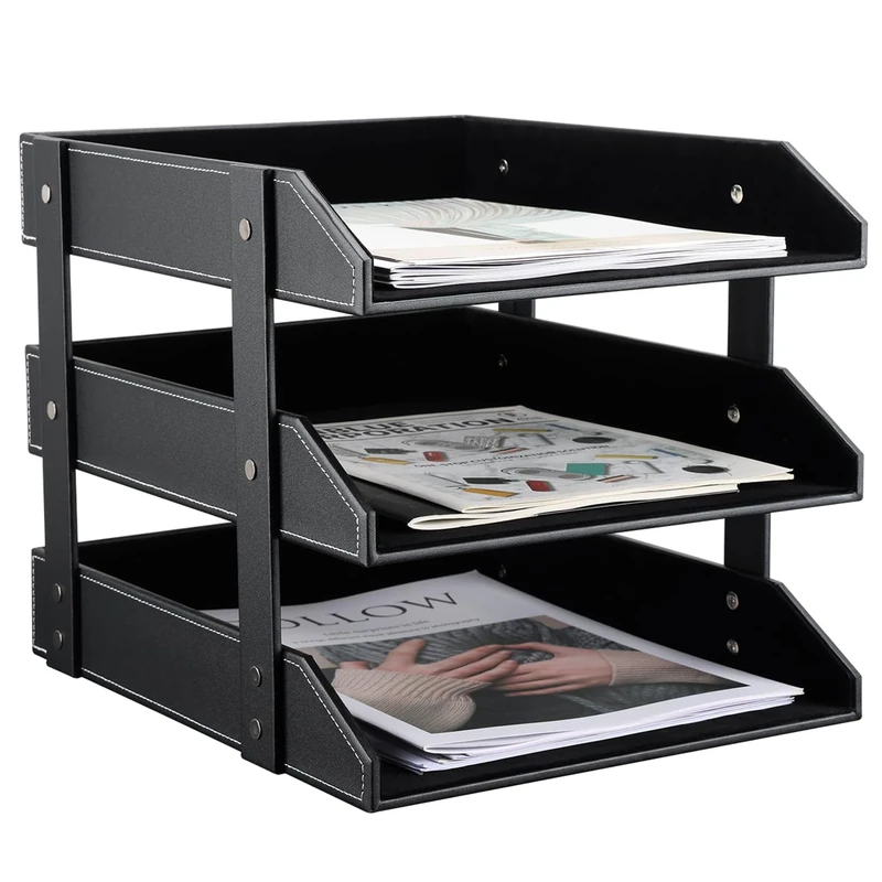 KINGFOM™ A4 3-Tier Leather Desk File Letter Tray