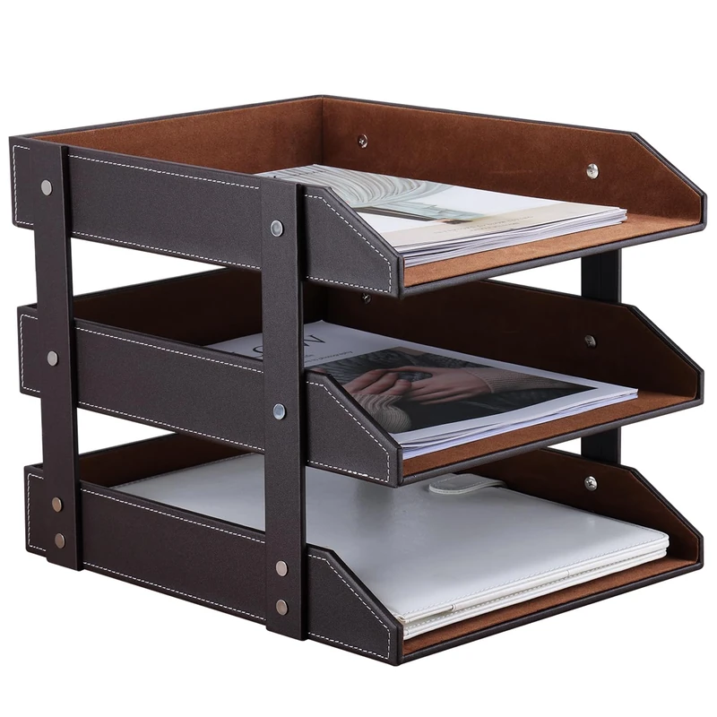 KINGFOM™ A4 3-Tier Leather Desk File Letter Tray - Image 1