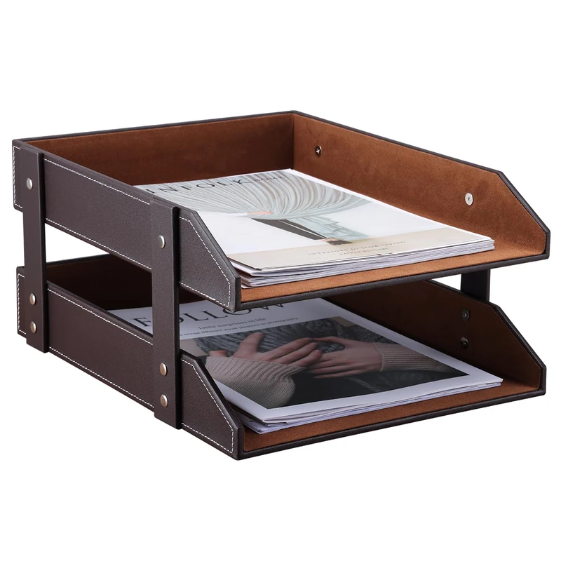 KINGFOM™ A4 2-Tier Leather Desk File Letter Tray
