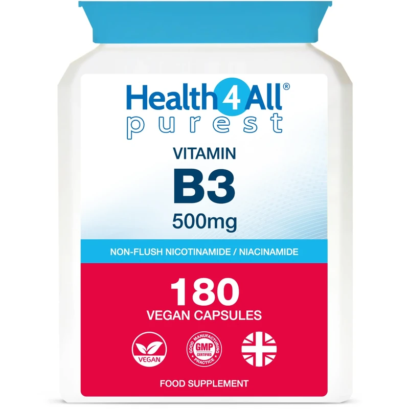 Health4All Vitamin B3 Niacin as Nicotinamide (Niacinamide) 500mg 180 Capsules, Purest, No Additives, Vegan, Gluten Free No-Flush Niacin VitB3 Capsules | Made in UK