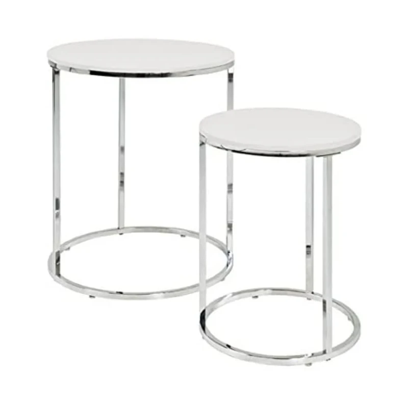 HAKU Möbel Set of 2 End Tables Chrome, White, Mdf, Metal - Size: H 40/50 cm X Ø 30/40 cm, Style: Modern