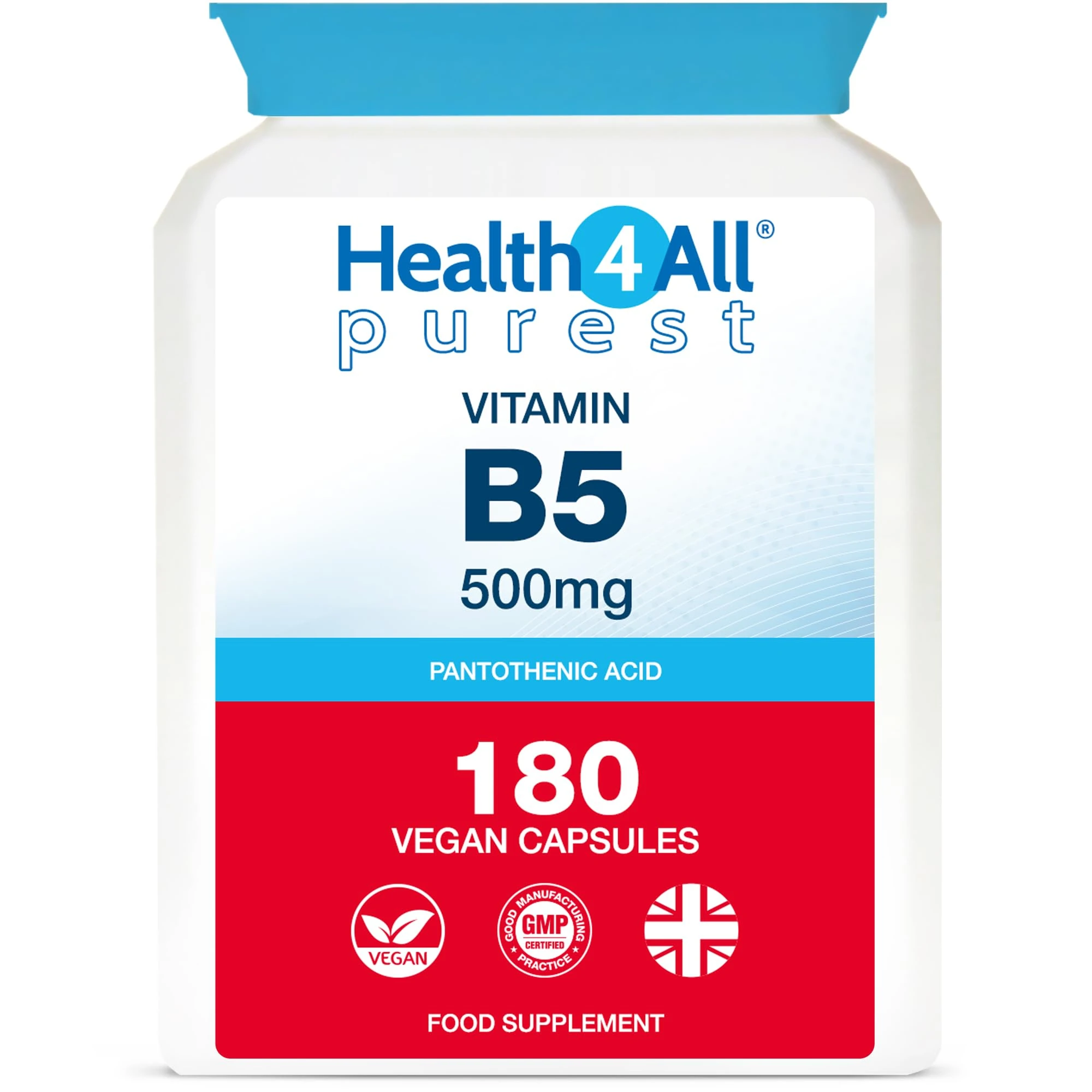 Health4All Vitamin B5 Pantothenic Acid 500mg 180 Capsules 6 Months Supply, Purest No Additives Vitamin B5 Capsules (not Tablets), Vegan, Gluten-Free High Strength 8,333% NRV Supplement | Made in UK