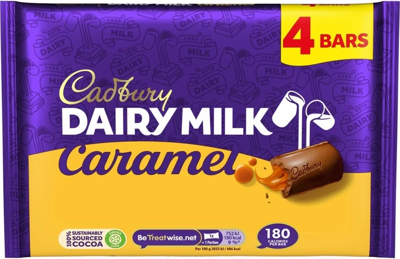 Cadbury Dairy Milk Caramel Chocolate Bar, Milk Chocolate with Smooth Caramel Filling, 4 x 37 g Bars Per Pack (1 Pack Total)