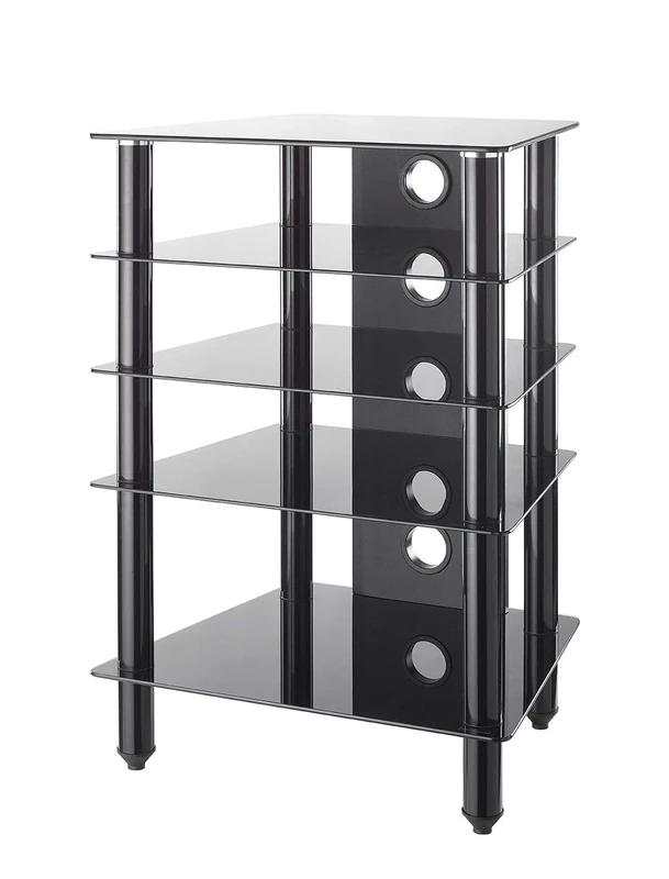 MMT Furniture Designs Black 5 Shelf Hi Fi Stand Rack 500mm Deep Glass Shelves To Hold AV Separates