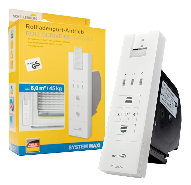 Schellenberg 22765 RolloDrive 65 Standard flush-mounted electric belt winder, roller shutter drive up to 6 m² roller shutter area, for 23 mm roller shutter belt, pulling force max. 45 kg, with automatic timer, power plug