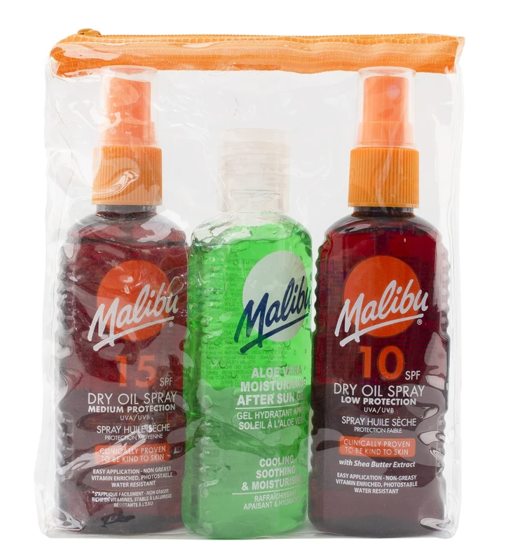 Malibu Sun Travel Essentials, Dry Oil Sprays and Soothing Aloe Vera Aftersun Gel, Medium Protection, Water Resistant, SPF 10 and 15, Multipack, 3 x 100ml