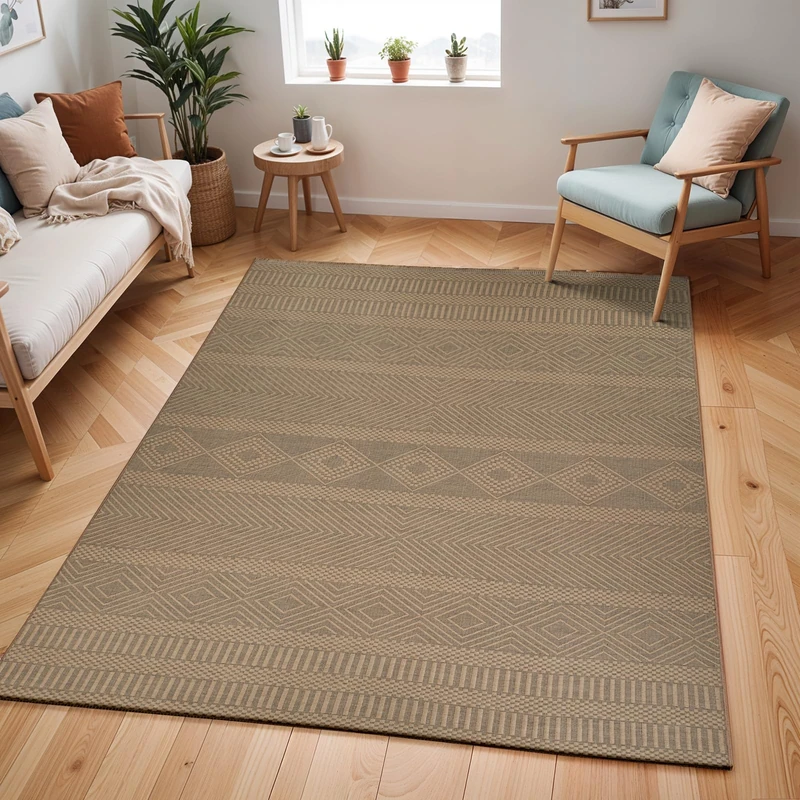Livabliss Ricadi Machine Washable Rug - Geometric Jute Area Rugs Living Room, Large Rug 118x170 cm - Traditional Boho Style, Dining Room, Kitchen, Outdoor, Hallway - Tan and Beige