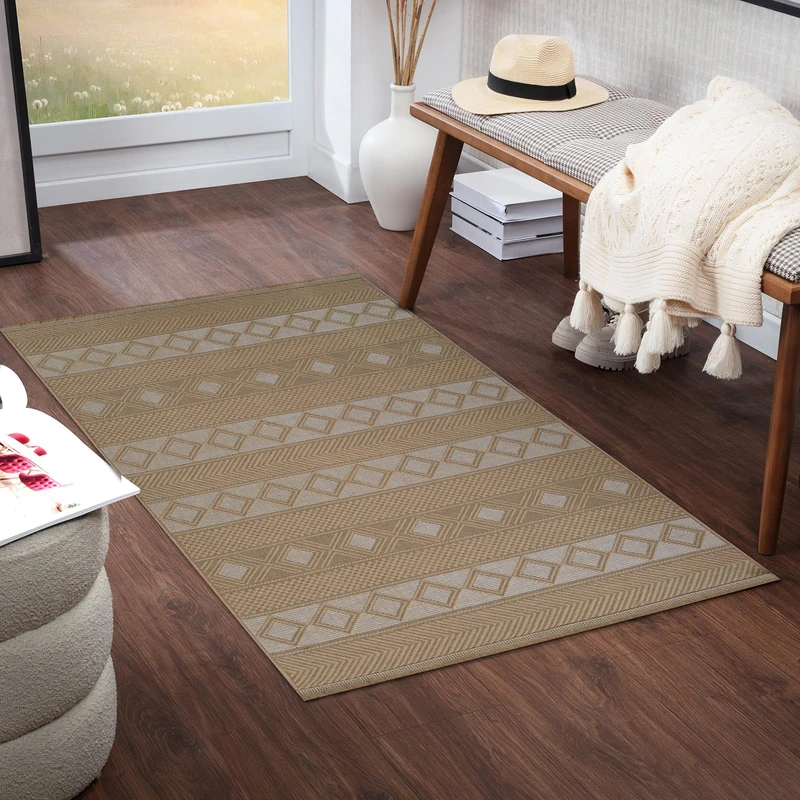 Livabliss Parita Caria Machine Washable Geometric Runner – Living Room 79x152 cm, Dining, Kitchen, Outdoor, Hallway Use, Traditional Boho Style, Tan Beige Cream