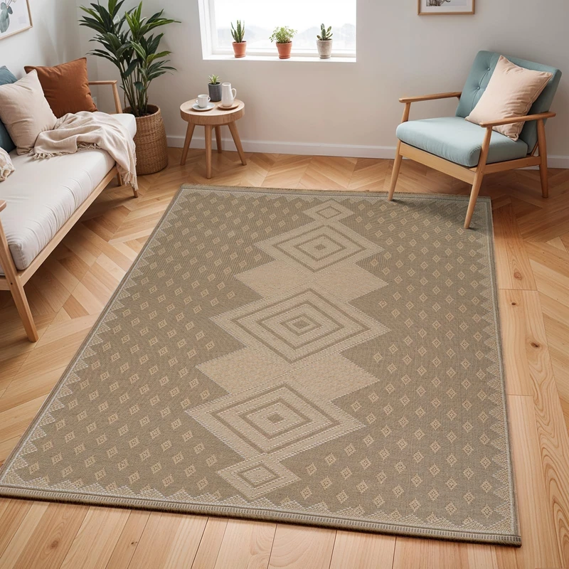 Livabliss Badia Machine Washable Rug - Geometric Jute Area Rugs Living Room, Large Rug 118x170 cm - Traditional Boho Style, Dining Room, Kitchen, Outdoor, Hallway - Tan, Beige and Cream