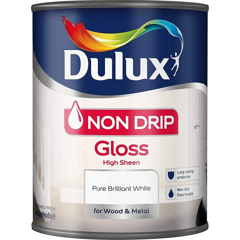 Dulux Non Drip Gloss High Sheen Paint For Wood And Metal, Pure Brilliant White, 1.25 L