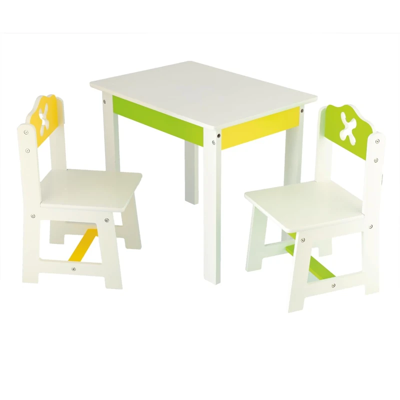 Siva Toys Bieco children sitting spring Wooden children's table and two chairs for children, for young children from age 1, 80 KG load, white, green, yellow, Artnr 74199200