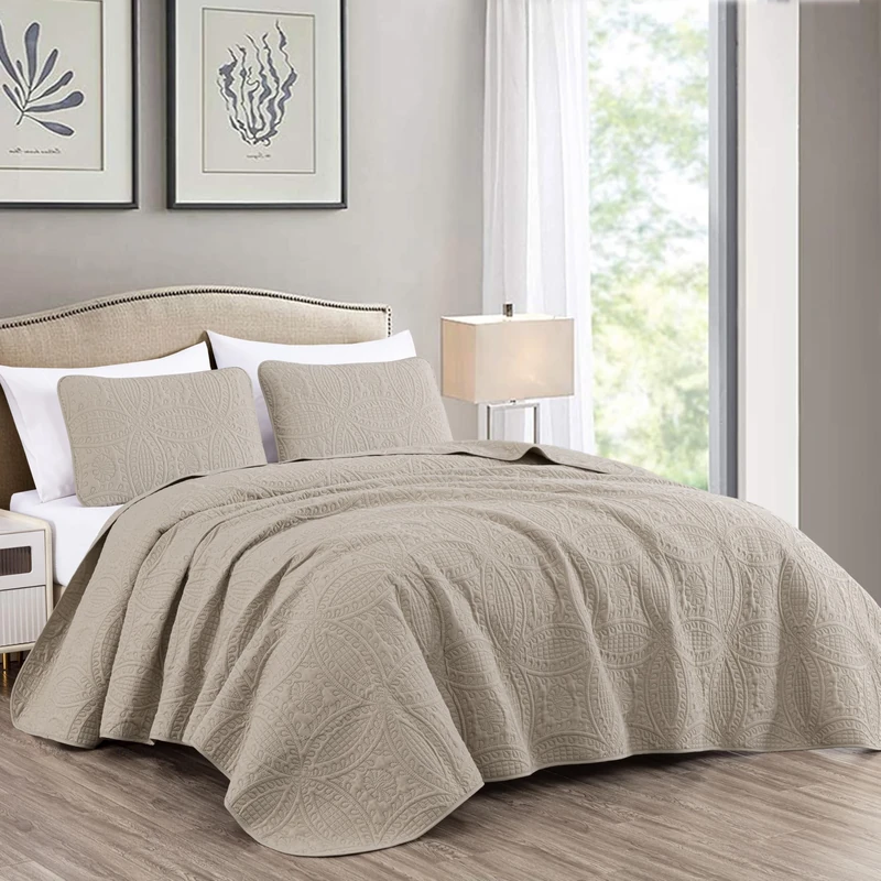 Chezmoi Collection Austin 3-Piece Bedspread Set, Microfiber, Khaki, King