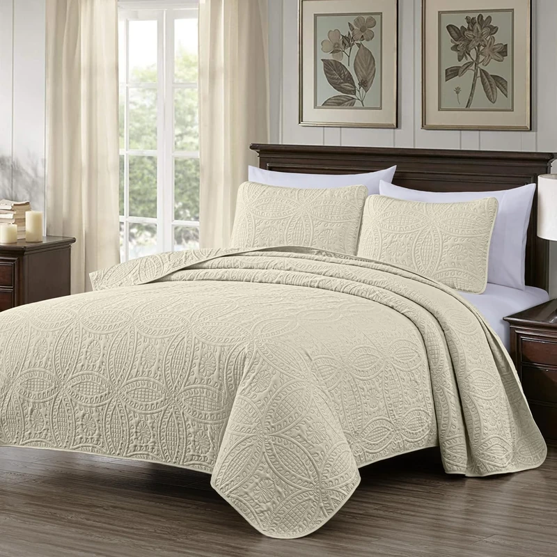 Chezmoi Collection 3 Piece Oversized Bedspread Coverlet Set, Ivory, Queen