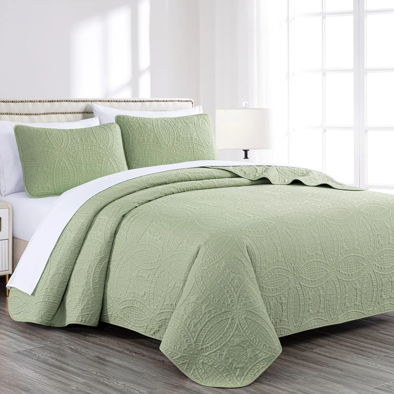 Chezmoi Collection Austin 3-Piece Bedspread Set, Microfiber, Sage, Queen