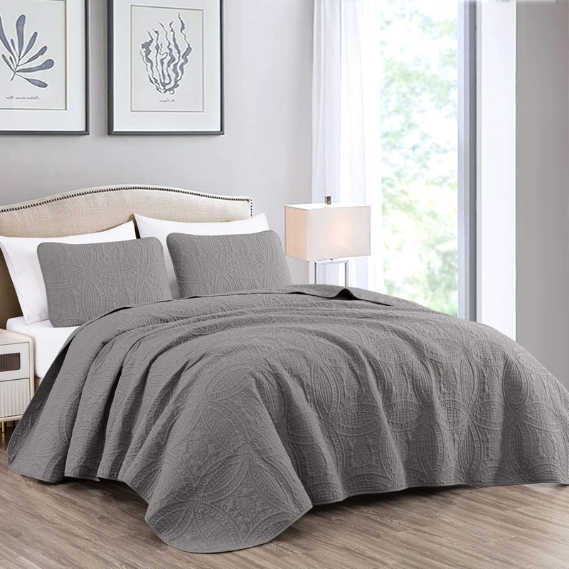 Chezmoi Collection Austin 3-Piece Bedspread Set, Microfiber, Gray, Queen