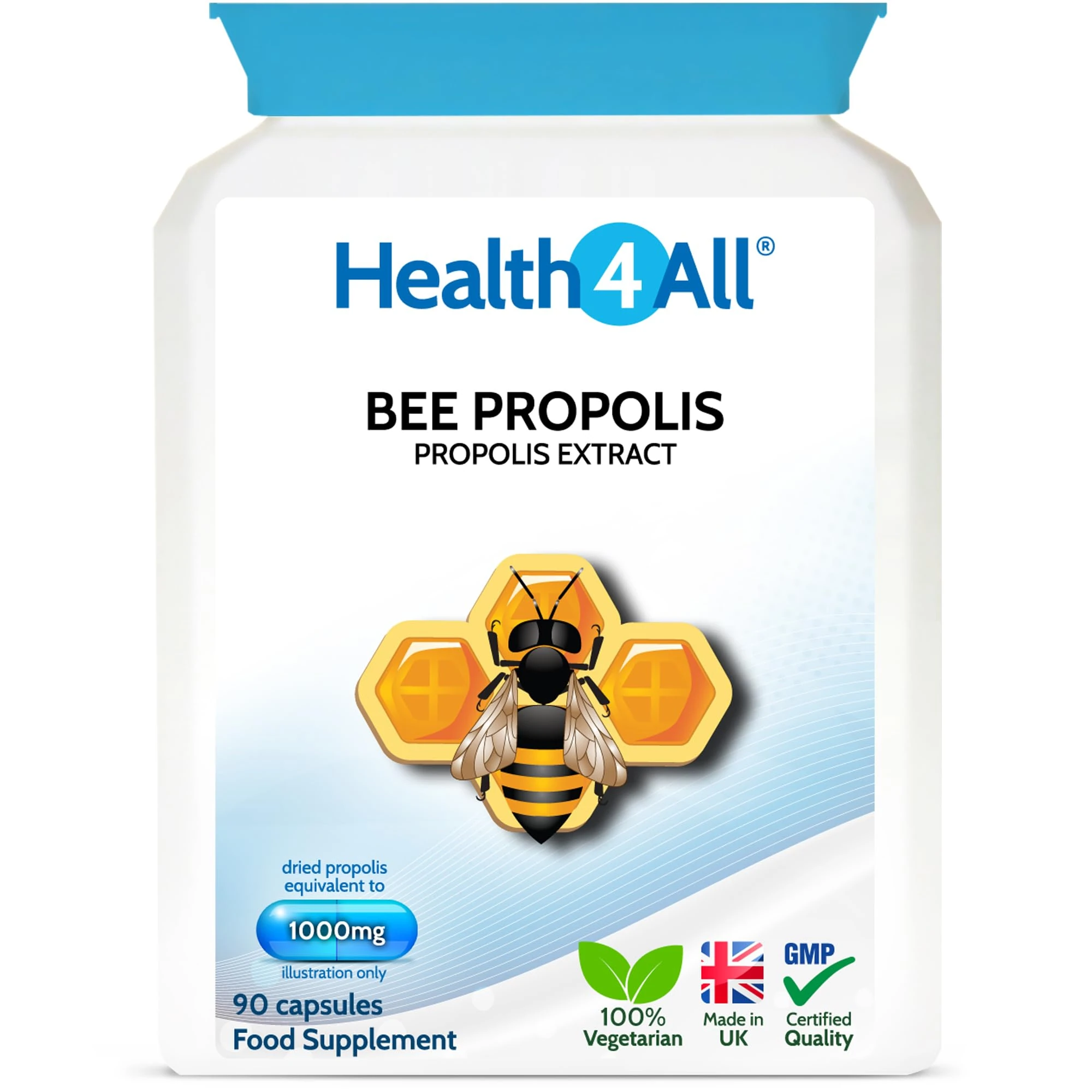 Health4All Bee Propolis 1000mg per Capsule 90 Capsules, High Strength Immune System Booster, Natural Immune Support Supplement (not Tablets) | Made in UK