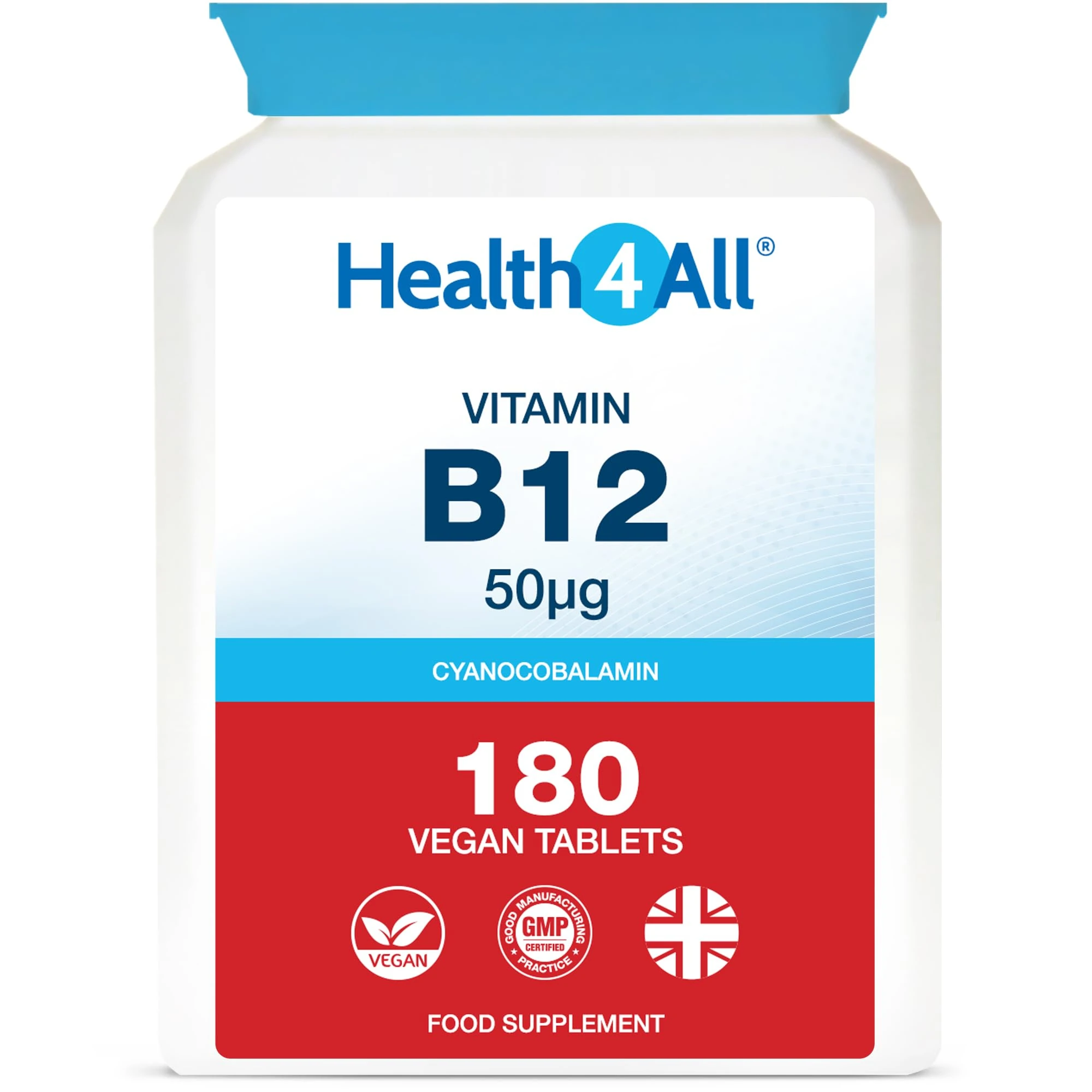 Health4All Vitamin B12 Cyanocobalamin 50mcg 180 Tablets 6 Months Supply, Vitamin B12 50mcg Supplement, Contributes to The Reduction of Tiredness and Fatigue, Vegan & Gluten-Free | Made in UK