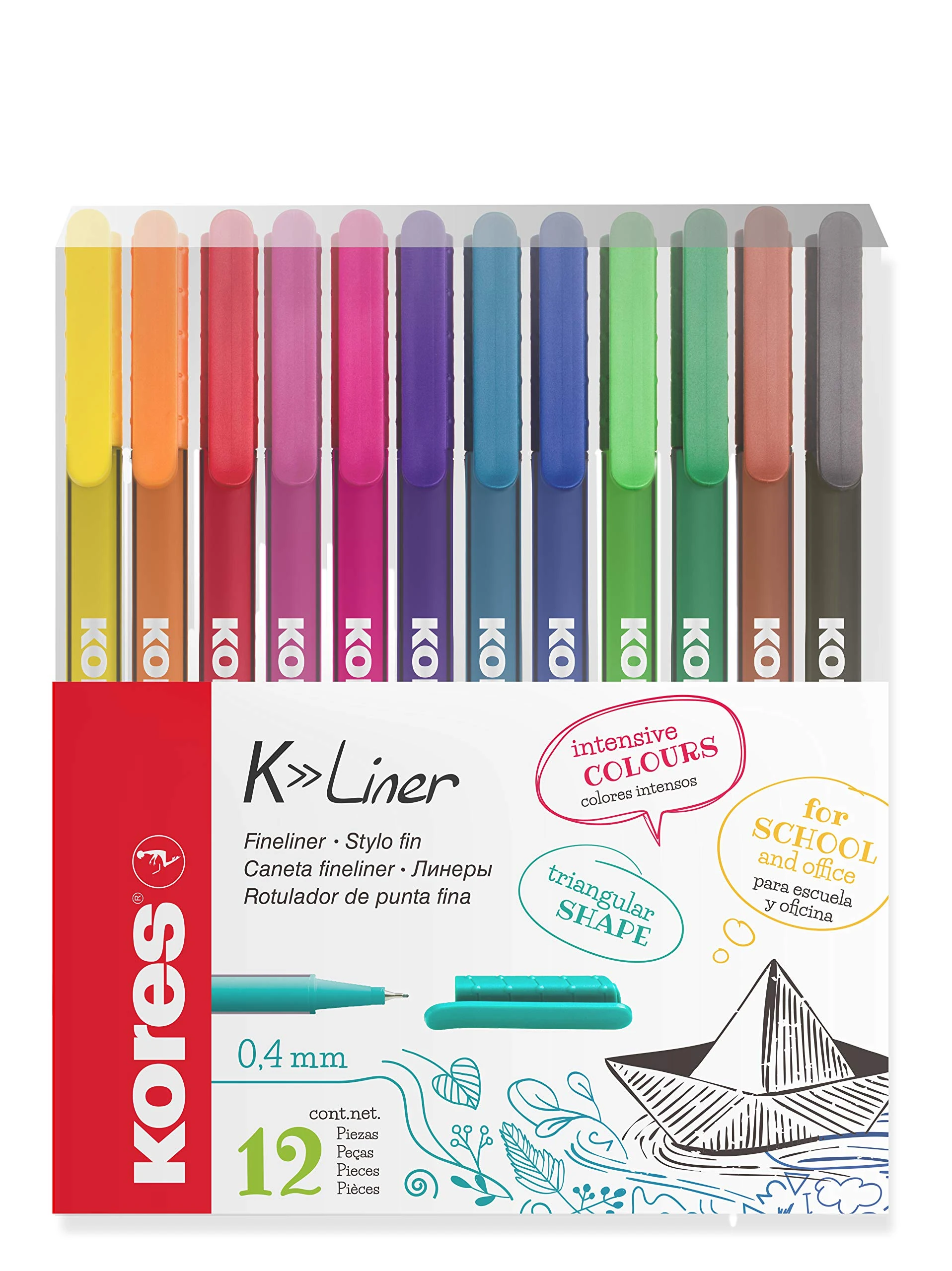 Kores - K-Liner Coloured Fineliners - 0.4mm - Colouring Pens, Fineliner Marker Pens, Art Pens, Revision Supplies, University Essentials, School Supplies - Pack of 12 in Assorted Colours