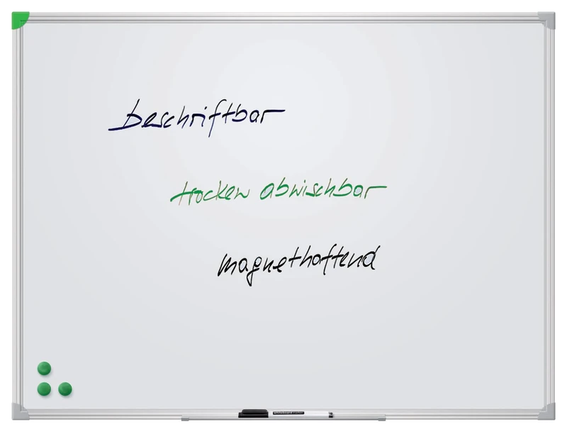 Whiteboard U-Act! Line Aluminium frame with plastic corners. Frame colour: silver anodised, light grey edges (one in green). Stand. Wall attachment accessories included. Varnished White 80 x 60 cm White